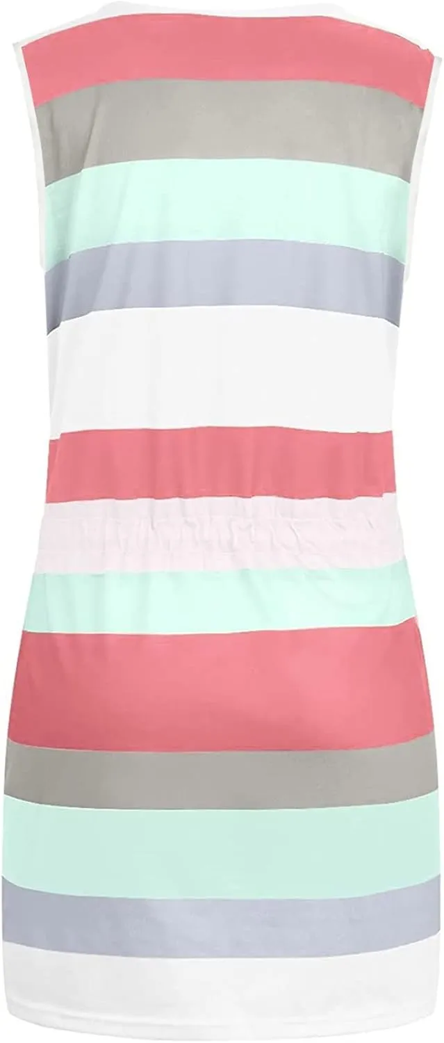 Women Casual Stripe Sundress V-Neck Sleeveless Beach Mini Dress Loose Drawstring Waist Short Dresses with Pockets