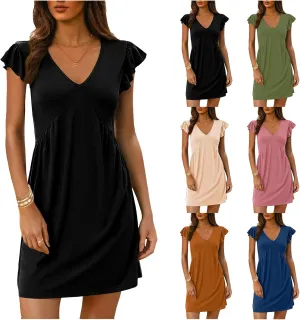 Women Casual Summer Dress Deep V Neck Ruffle Short Sleeve Loose Beach Sundress Cute Lounge Travel Vacation Mini Dress