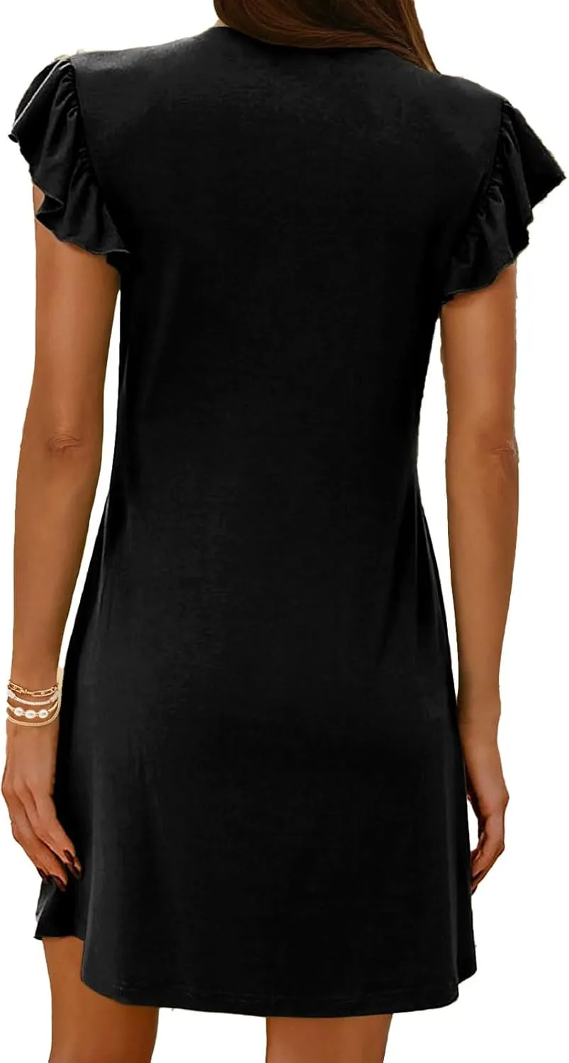 Women Casual Summer Dress Deep V Neck Ruffle Short Sleeve Loose Beach Sundress Cute Lounge Travel Vacation Mini Dress