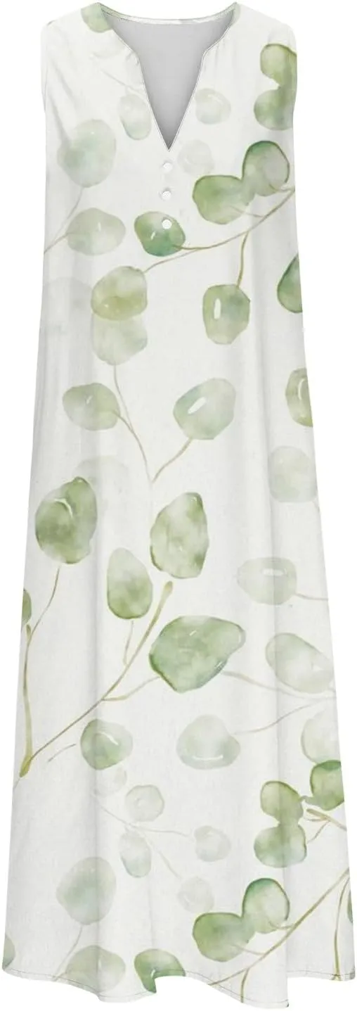 Women Casual V Neck Dress Summer Printed Button Sleeveless Long Dresses with Pocket Holiday Beach Party Midi Dress