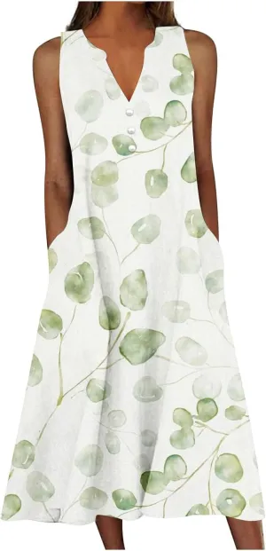 Women Casual V Neck Dress Summer Printed Button Sleeveless Long Dresses with Pocket Holiday Beach Party Midi Dress