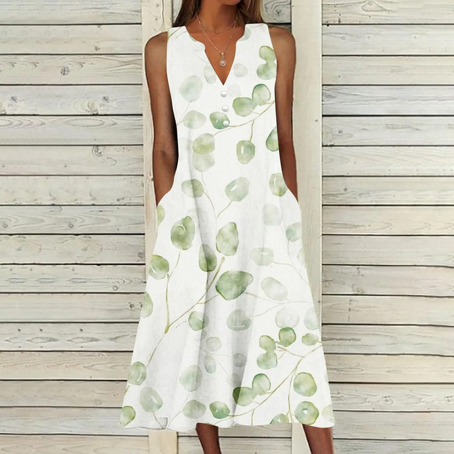 Women Casual V Neck Dress Summer Printed Button Sleeveless Long Dresses with Pocket Holiday Beach Party Midi Dress