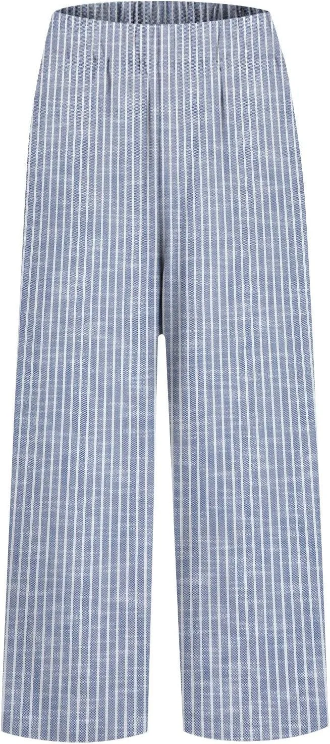 Women Cotton Linen Pants Elastic Waist Capri Wide Leg Cropped High Waist Comfy Loose Trousers with Pockets