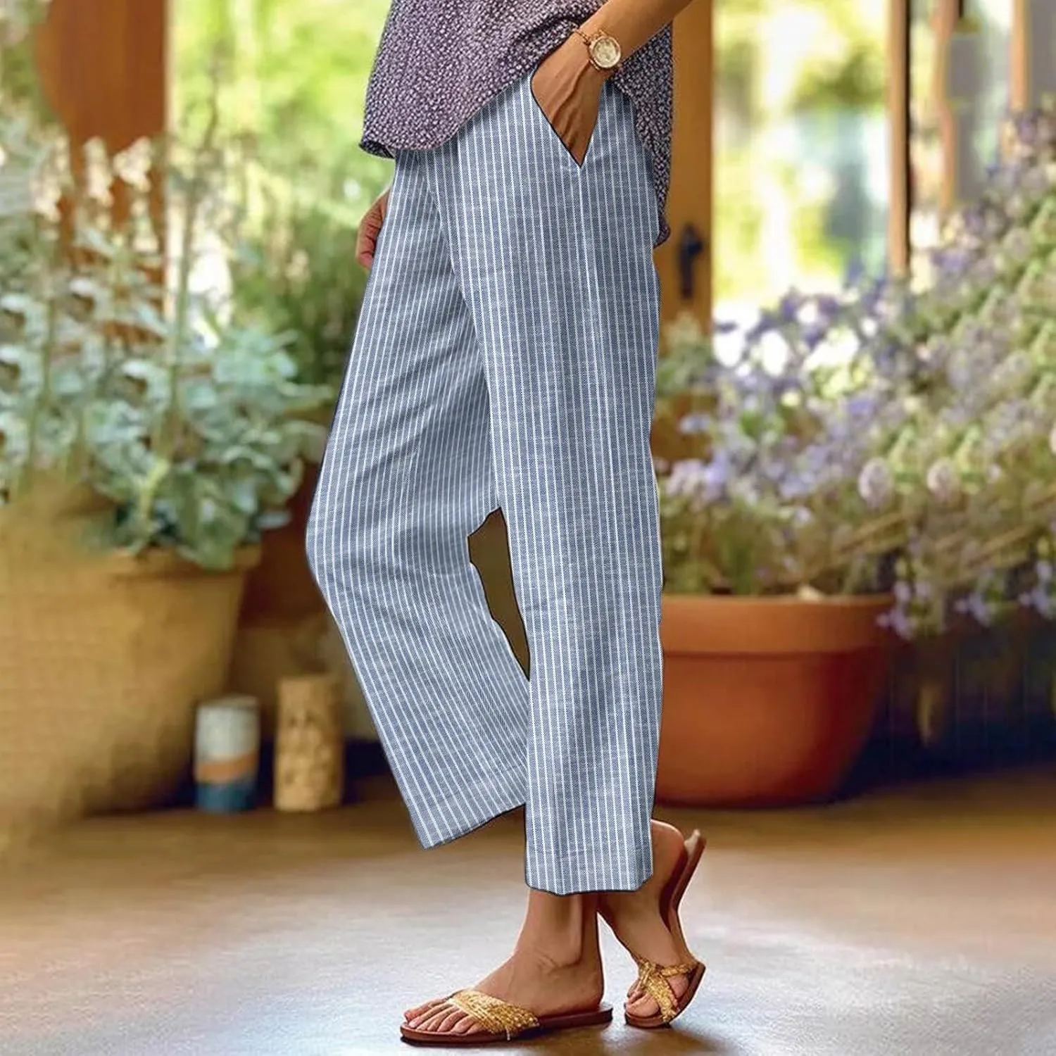 Women Cotton Linen Pants Elastic Waist Capri Wide Leg Cropped High Waist Comfy Loose Trousers with Pockets