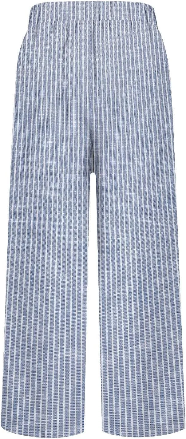 Women Cotton Linen Pants Elastic Waist Capri Wide Leg Cropped High Waist Comfy Loose Trousers with Pockets
