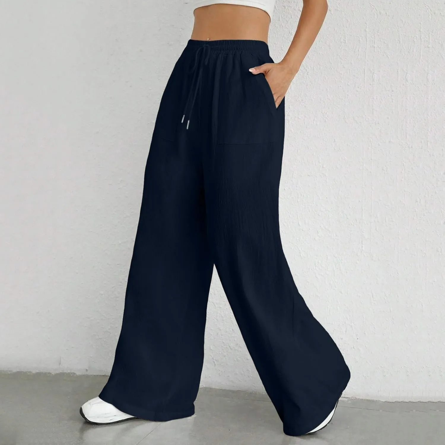 Women Cotton Linen Summer Y2K Fashion Pants Elastic Waist Wide Leg Loose Fit Palazzo Lounge Pants Beach