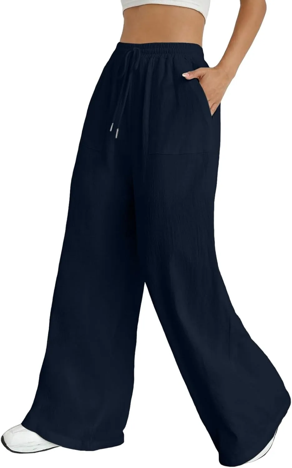 Women Cotton Linen Summer Y2K Fashion Pants Elastic Waist Wide Leg Loose Fit Palazzo Lounge Pants Beach