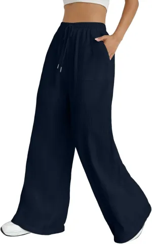 Women Cotton Linen Summer Y2K Fashion Pants Elastic Waist Wide Leg Loose Fit Palazzo Lounge Pants Beach