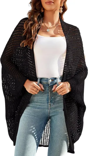Women Crochet Cardigan Batwing Sleeve Pointelle Knit Lightweight Open Front Casual Cardigans