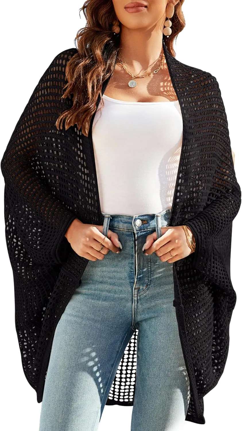 Women Crochet Cardigan Batwing Sleeve Pointelle Knit Lightweight Open Front Casual Cardigans