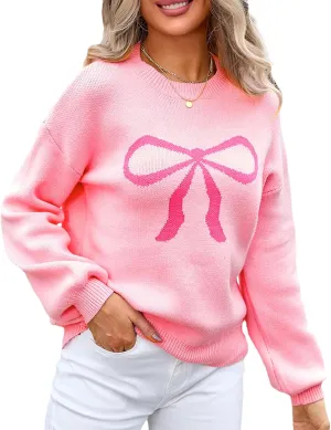 Women Cute Bow Sweater Y2k Long Sleeve Crew Neck Knit Sweaters Aesthetic Pullover Top