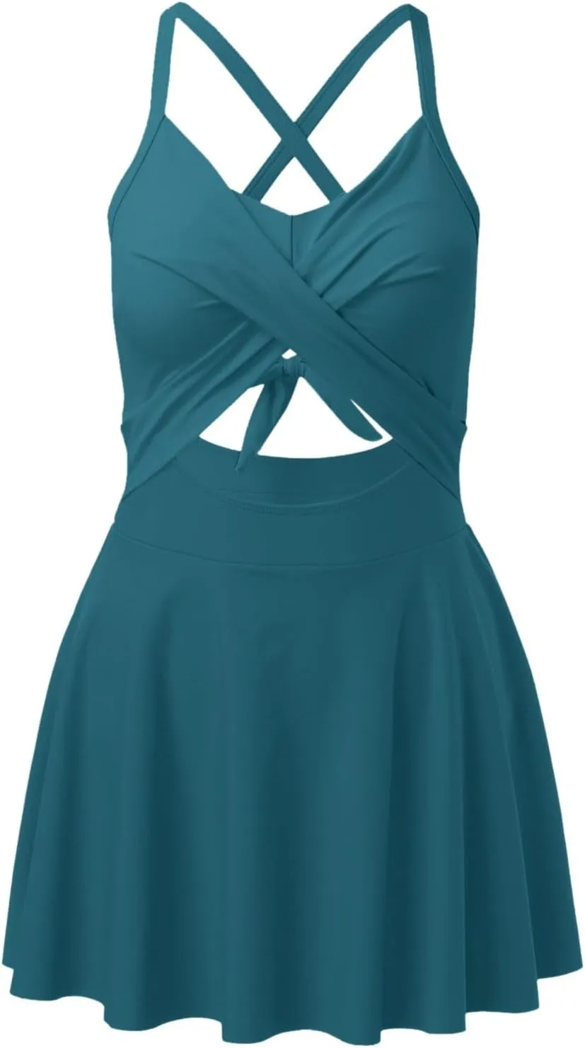 Women Cutout One PC Skirt Swimsuit V Neck Wrap Tie Back Swimdress Bathing Suits Sequin Bikini