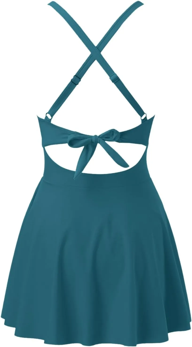 Women Cutout One PC Skirt Swimsuit V Neck Wrap Tie Back Swimdress Bathing Suits Sequin Bikini