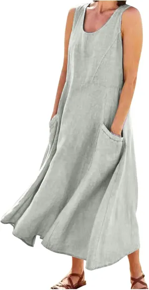 Women Dresses Linen Dress Summer Beach Dress Sleeveless Boho Maxi Long Dresses Casual with Pockects