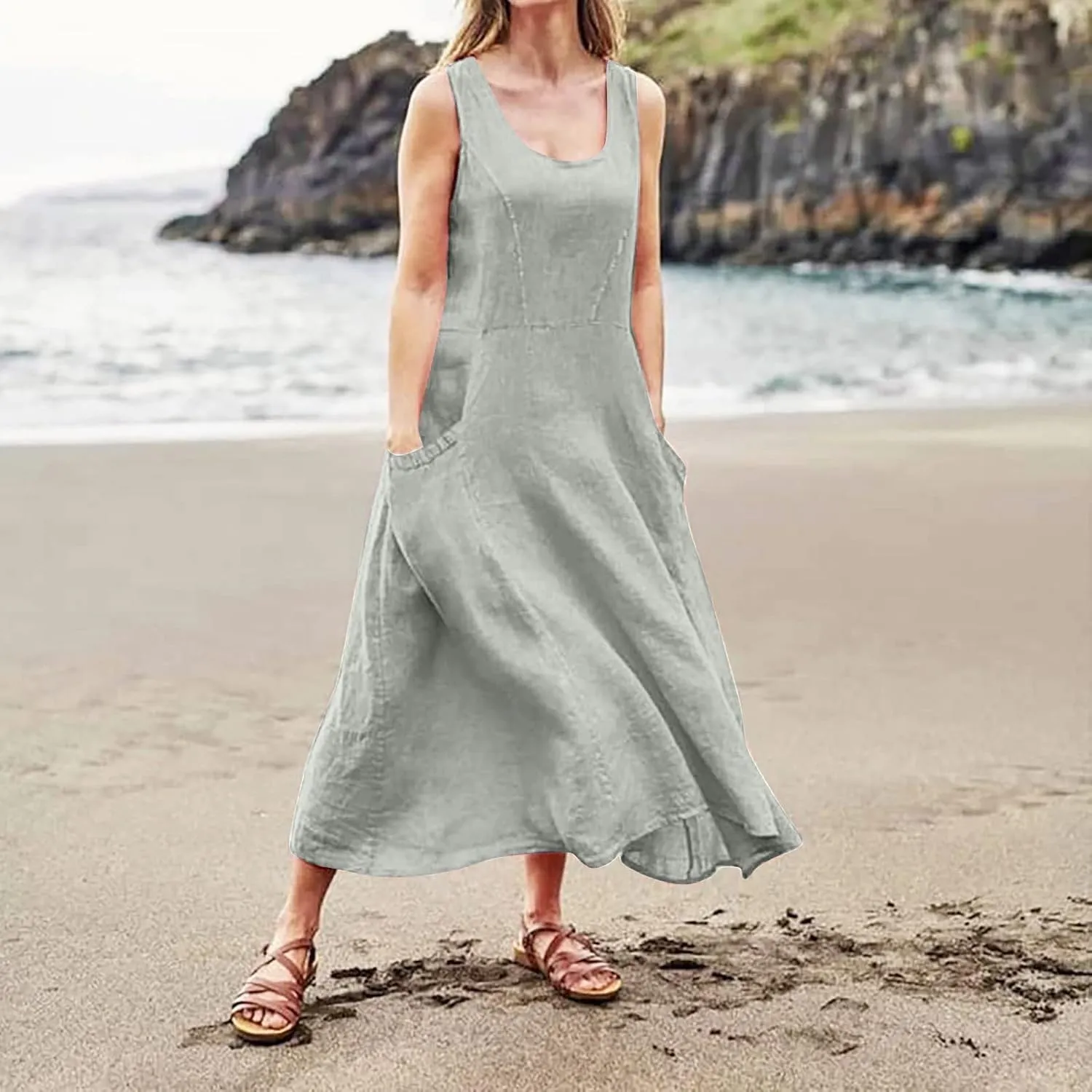 Women Dresses Linen Dress Summer Beach Dress Sleeveless Boho Maxi Long Dresses Casual with Pockects