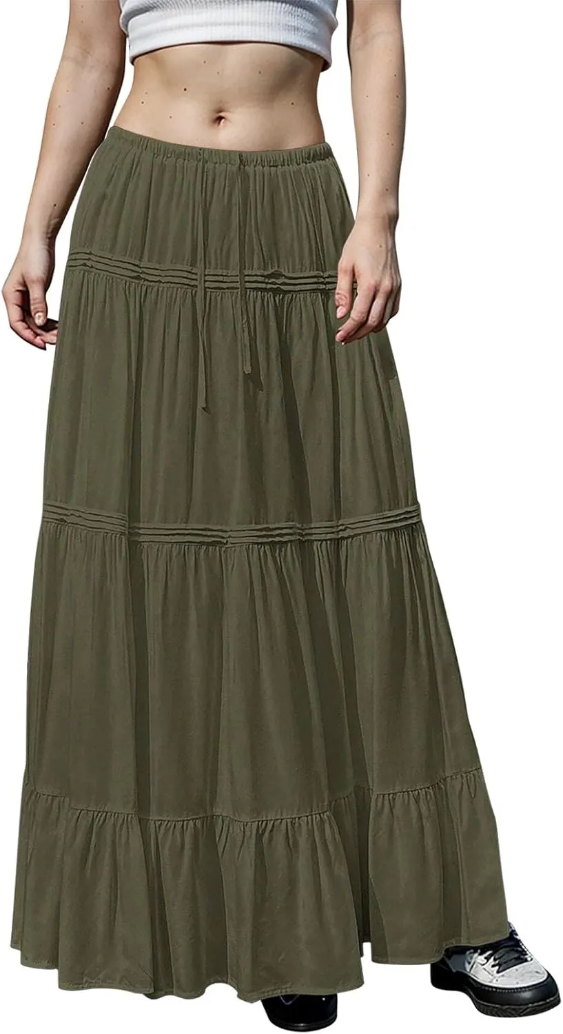 Women Elastic Waist Maxi Skirt Solid Color A Line Pleated Skirts Ruffle Tiered Beach Vacation Long Skorts