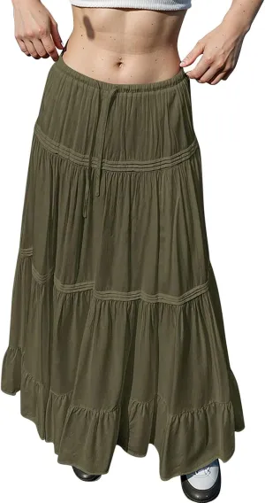 Women Elastic Waist Maxi Skirt Solid Color A Line Pleated Skirts Ruffle Tiered Beach Vacation Long Skorts