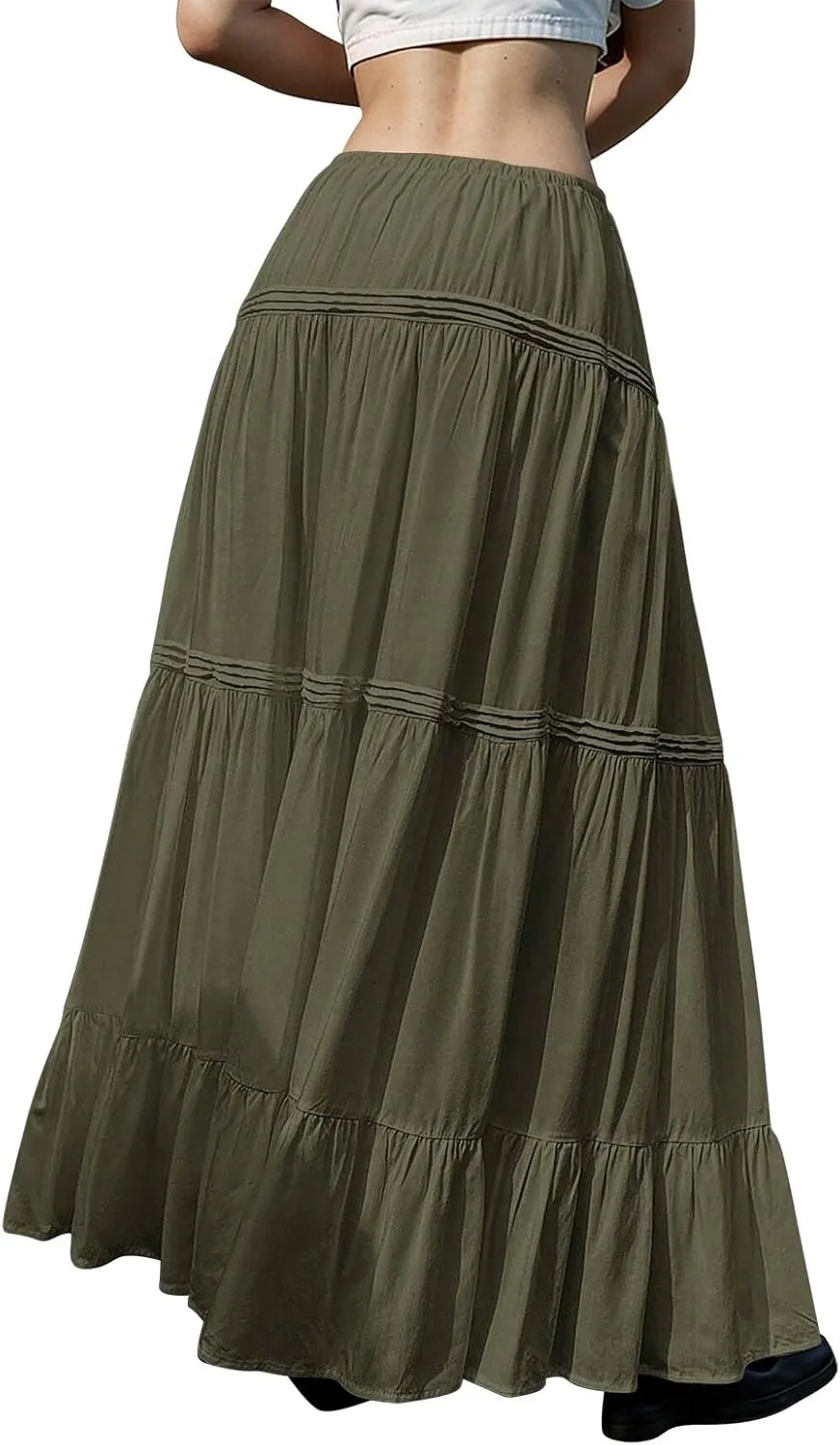 Women Elastic Waist Maxi Skirt Solid Color A Line Pleated Skirts Ruffle Tiered Beach Vacation Long Skorts