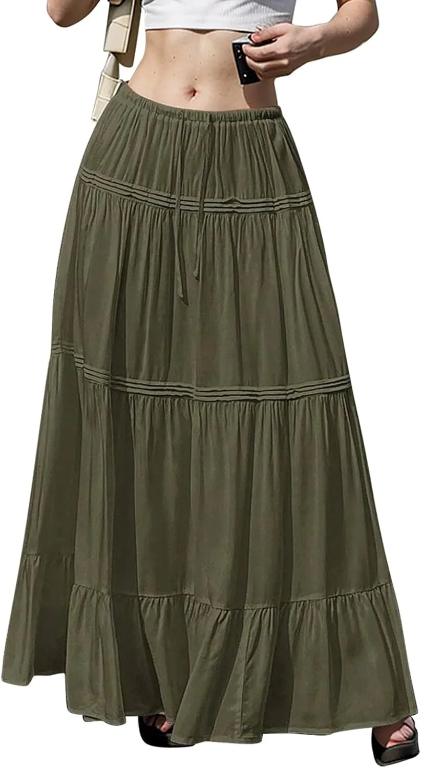 Women Elastic Waist Maxi Skirt Solid Color A Line Pleated Skirts Ruffle Tiered Beach Vacation Long Skorts
