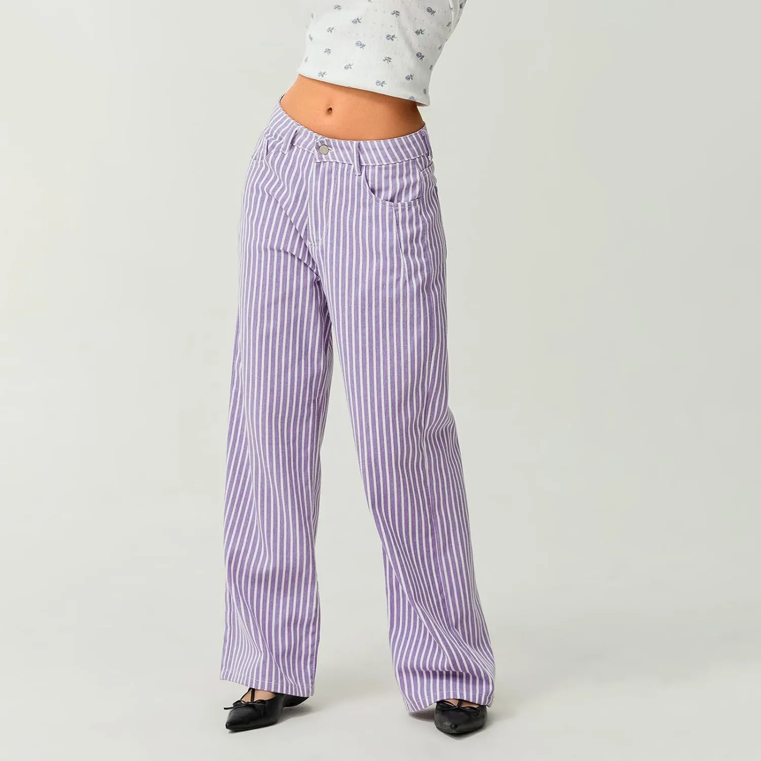 Women Fashion Striped Jeans Y2k High Waist Wide Leg Denim Pants Casual Baggy Boyfriend Trousers with Pockets
