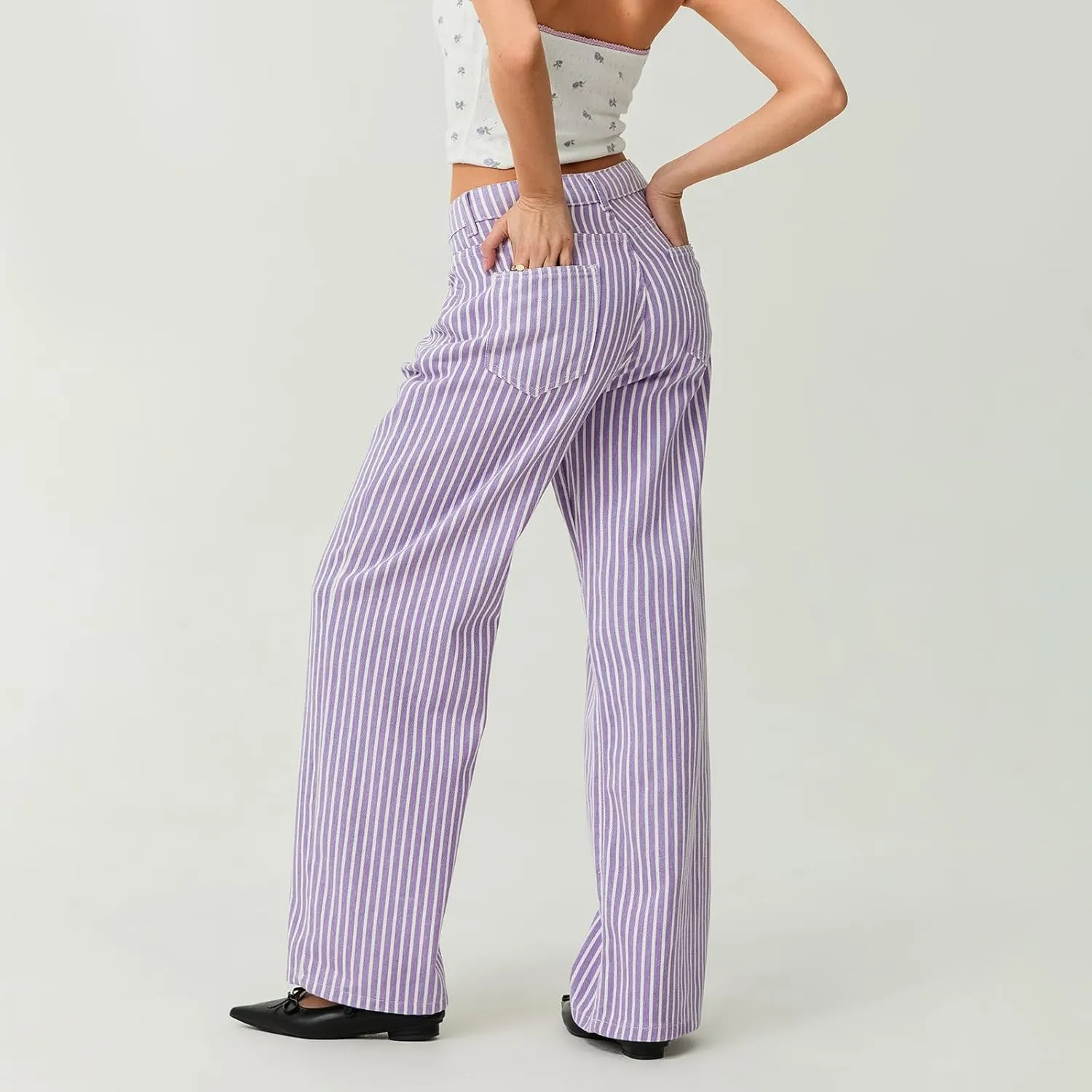 Women Fashion Striped Jeans Y2k High Waist Wide Leg Denim Pants Casual Baggy Boyfriend Trousers with Pockets