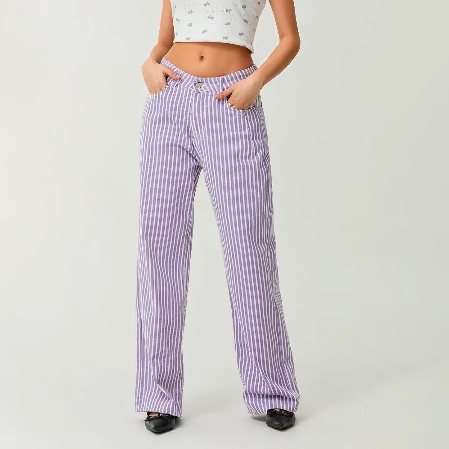 Women Fashion Striped Jeans Y2k High Waist Wide Leg Denim Pants Casual Baggy Boyfriend Trousers with Pockets