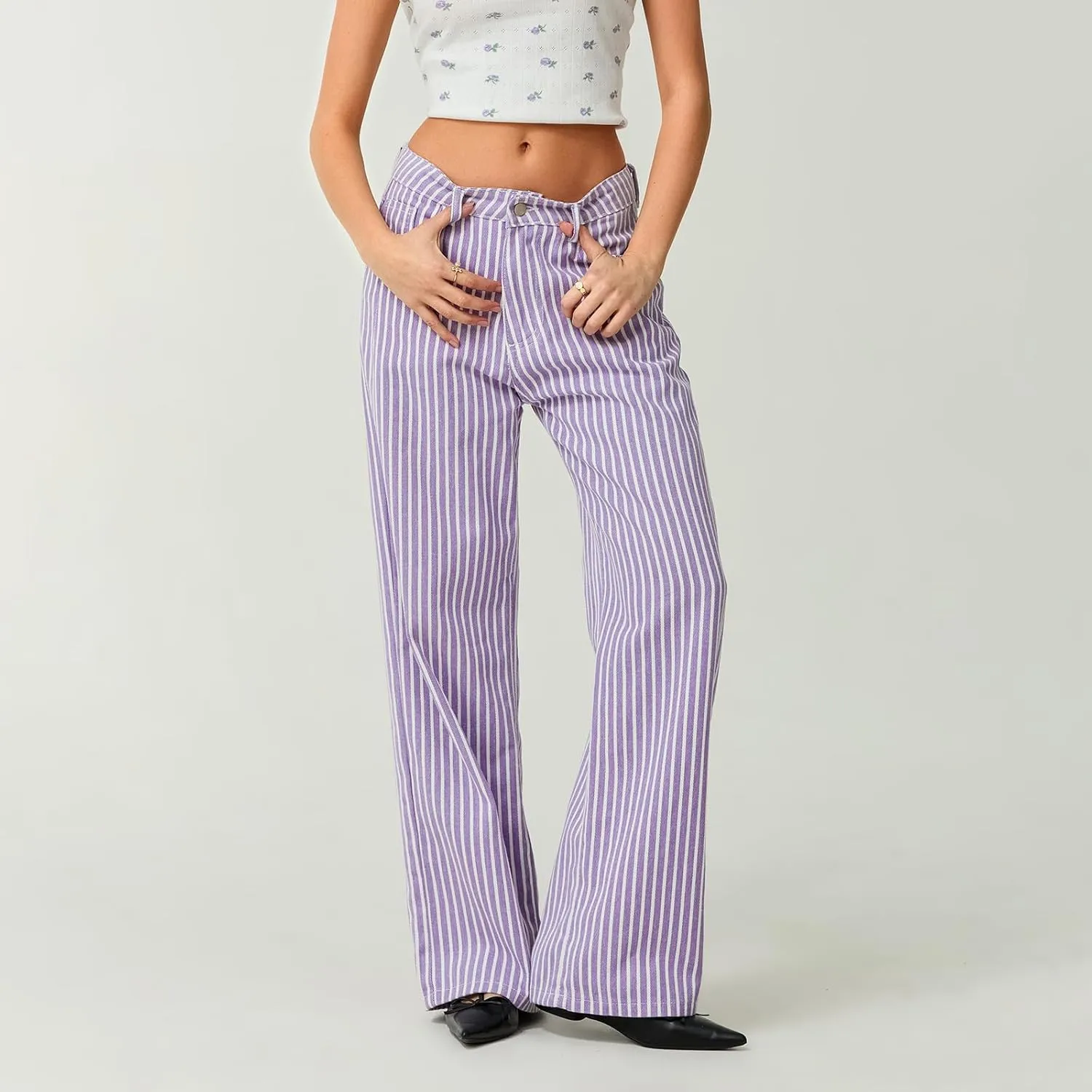 Women Fashion Striped Jeans Y2k High Waist Wide Leg Denim Pants Casual Baggy Boyfriend Trousers with Pockets