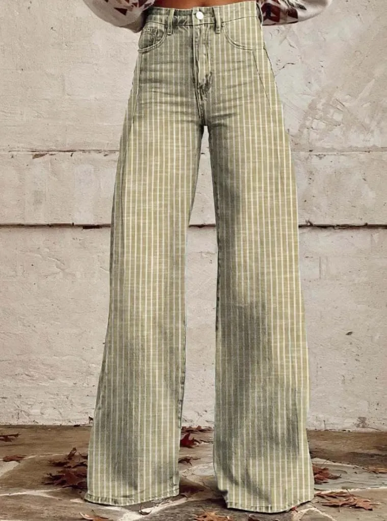 Women Fashion Striped Jeans Y2k High Waist Wide Leg Denim Pants Casual Baggy Boyfriend Trousers with Pockets