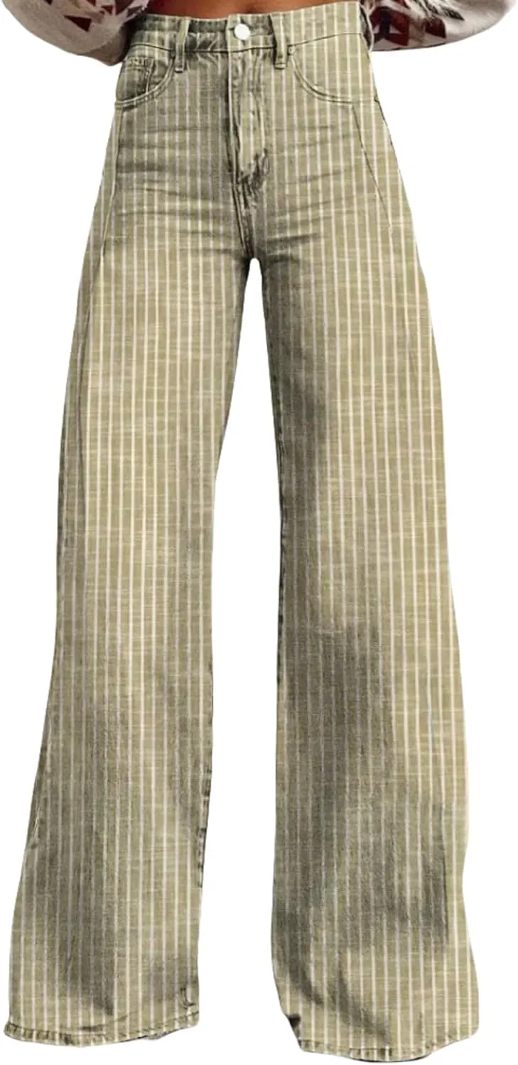 Women Fashion Striped Jeans Y2k High Waist Wide Leg Denim Pants Casual Baggy Boyfriend Trousers with Pockets