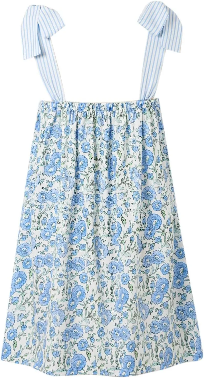 Women Floral Tie Shoulder Mini Dress Cute Square Neck Loose Fit Beach Short Dress Backless Boho Vocation Sundress