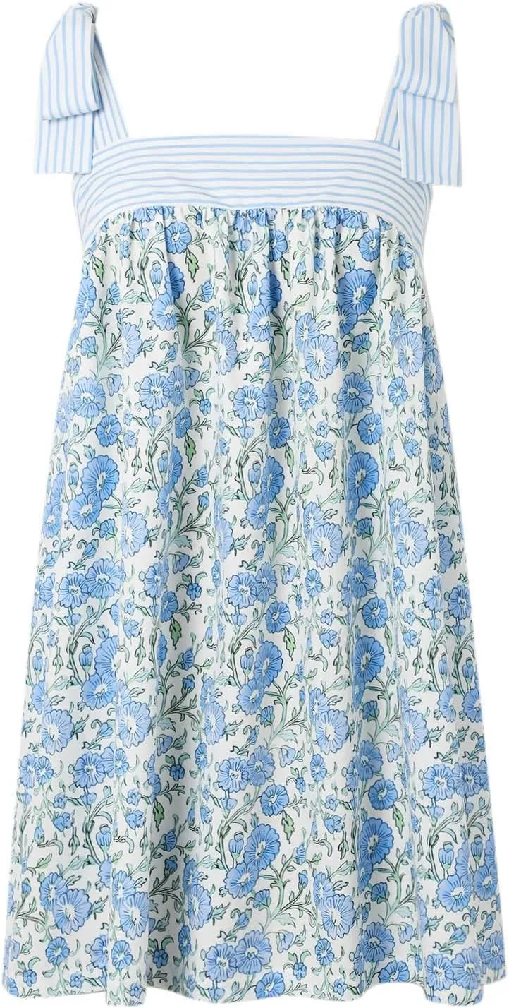 Women Floral Tie Shoulder Mini Dress Cute Square Neck Loose Fit Beach Short Dress Backless Boho Vocation Sundress
