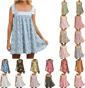Women Floral Tie Shoulder Mini Dress Cute Square Neck Loose Fit Beach Short Dress Backless Boho Vocation Sundress