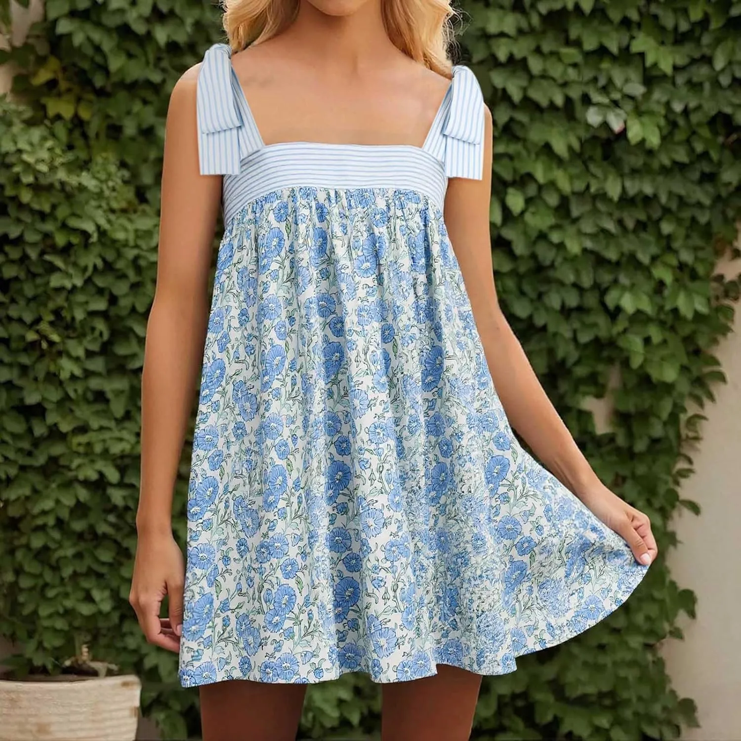 Women Floral Tie Shoulder Mini Dress Cute Square Neck Loose Fit Beach Short Dress Backless Boho Vocation Sundress