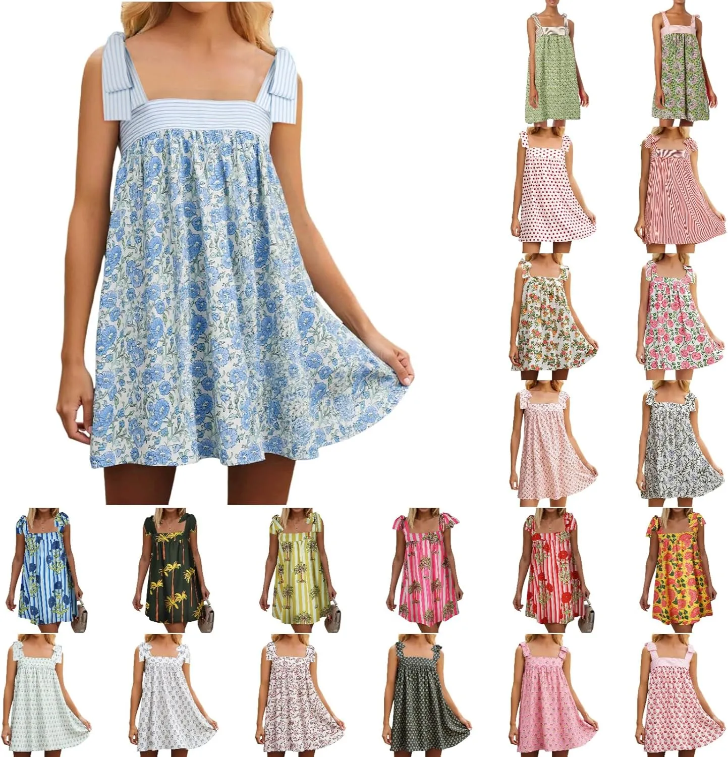 Women Floral Tie Shoulder Mini Dress Cute Square Neck Loose Fit Beach Short Dress Backless Boho Vocation Sundress