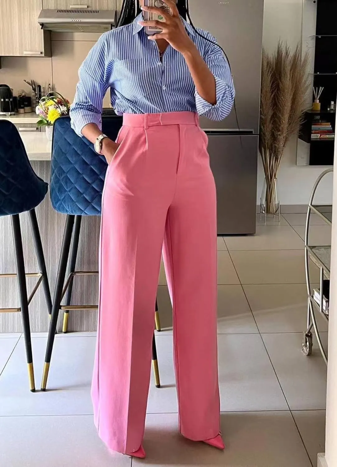 Women High Waist Wide Leg Dress Pants Straight Leg Business Work Slacks Casual Button Down Office Trousers with Pockets