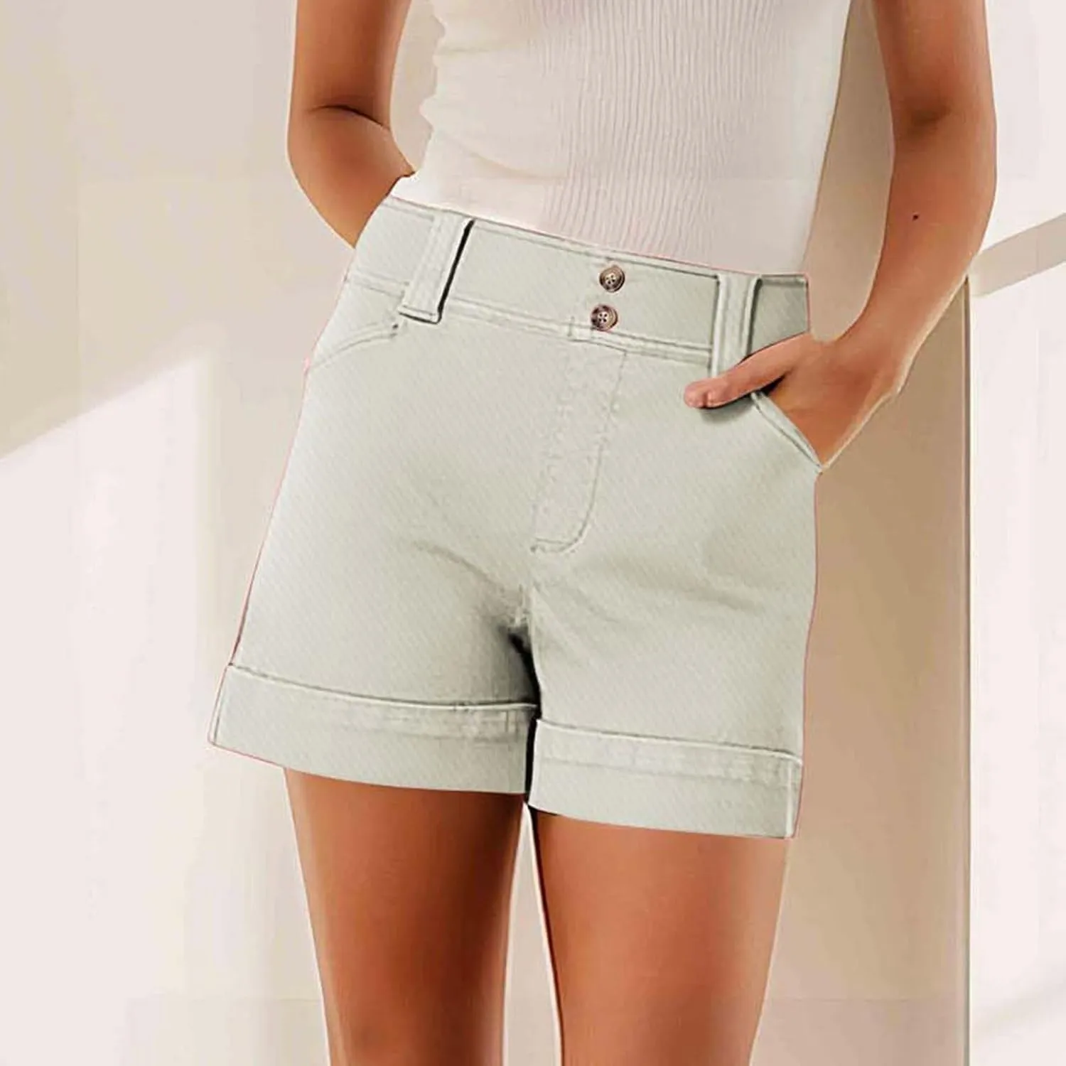 Women High Waisted Jean Shorts Stretchy Twill Denim Short for Women Folded Hem Chino Shorts Summer Jorts Plus Size