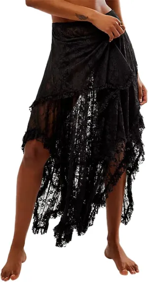 Women Lace Long Skirts Elastic Asymmetrical Layered See-Through Maxi Skirts Sexy Sheer Flowy Beach Cover-up Skirts