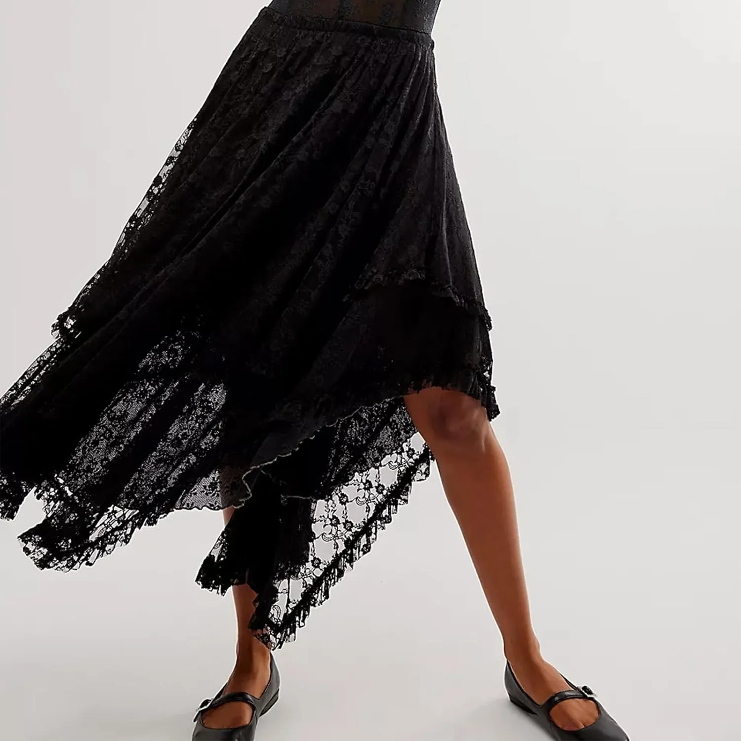 Women Lace Long Skirts Elastic Asymmetrical Layered See-Through Maxi Skirts Sexy Sheer Flowy Beach Cover-up Skirts