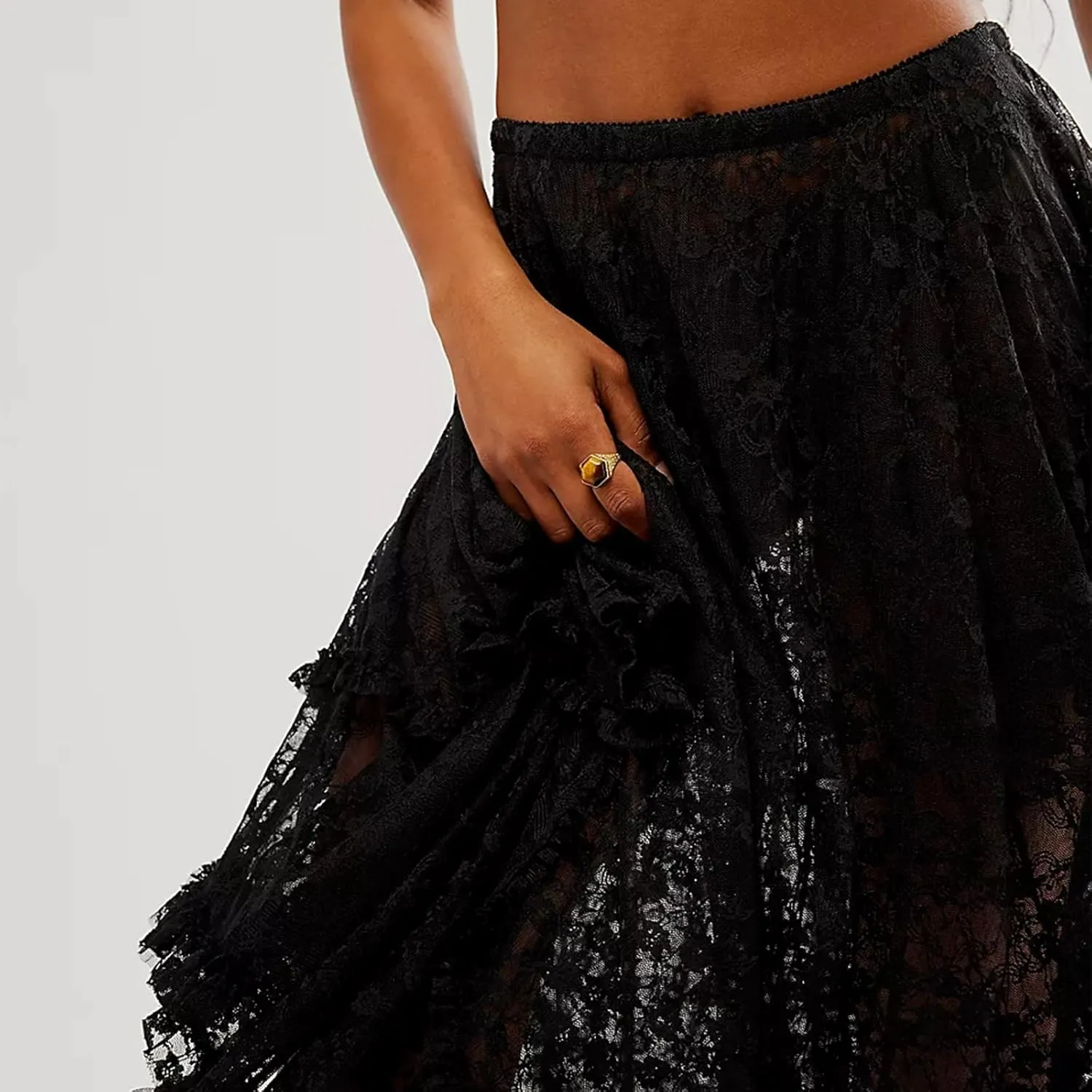 Women Lace Long Skirts Elastic Asymmetrical Layered See-Through Maxi Skirts Sexy Sheer Flowy Beach Cover-up Skirts