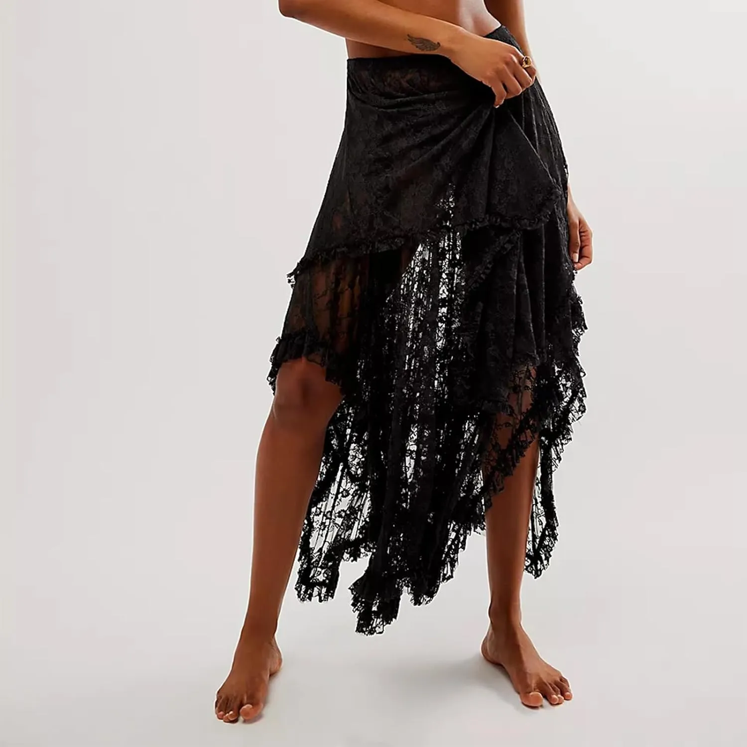 Women Lace Long Skirts Elastic Asymmetrical Layered See-Through Maxi Skirts Sexy Sheer Flowy Beach Cover-up Skirts