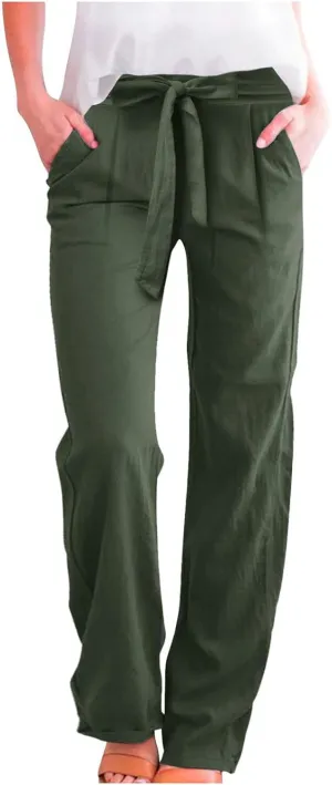 Women Linen Blend Summer Drawstring Pants Elastic Waist Bootcut Plus Size Pant Trousers Vacation