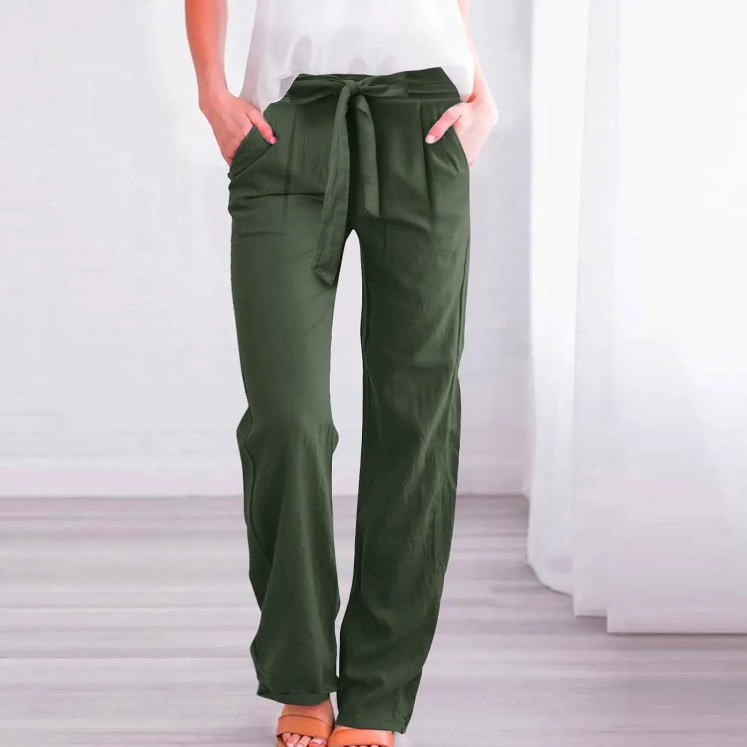 Women Linen Blend Summer Drawstring Pants Elastic Waist Bootcut Plus Size Pant Trousers Vacation