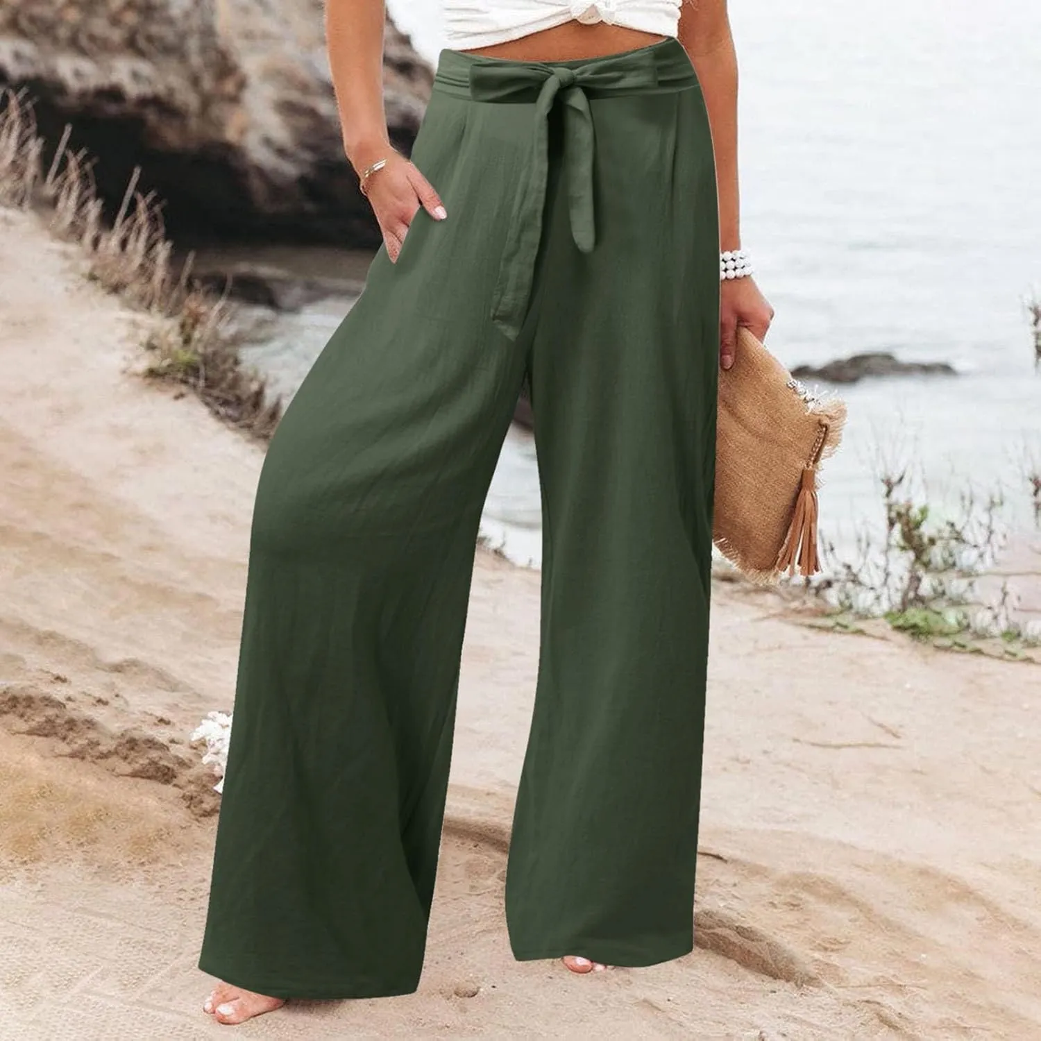 Women Linen Blend Summer Drawstring Pants Elastic Waist Bootcut Plus Size Pant Trousers Vacation