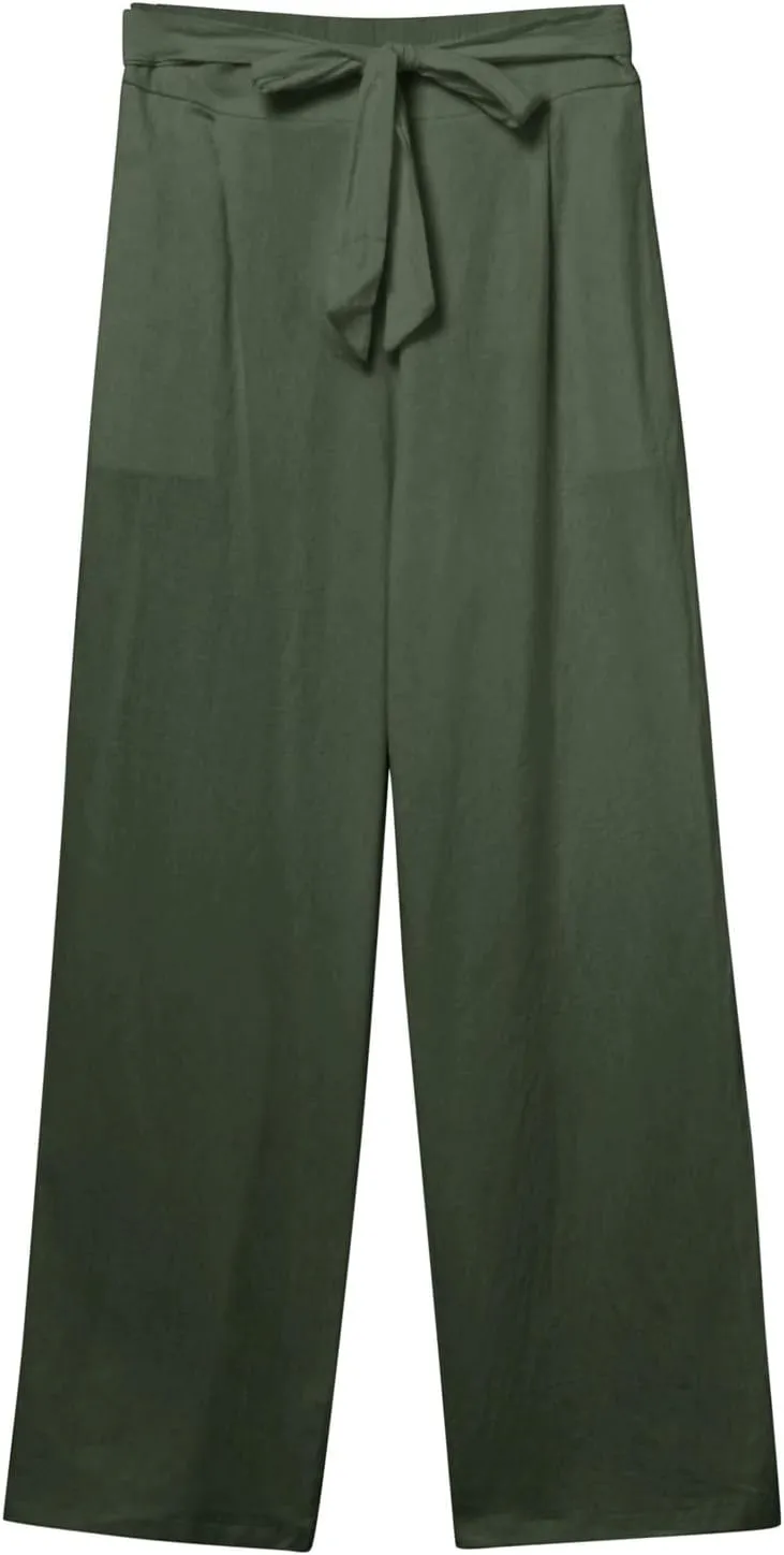 Women Linen Blend Summer Drawstring Pants Elastic Waist Bootcut Plus Size Pant Trousers Vacation