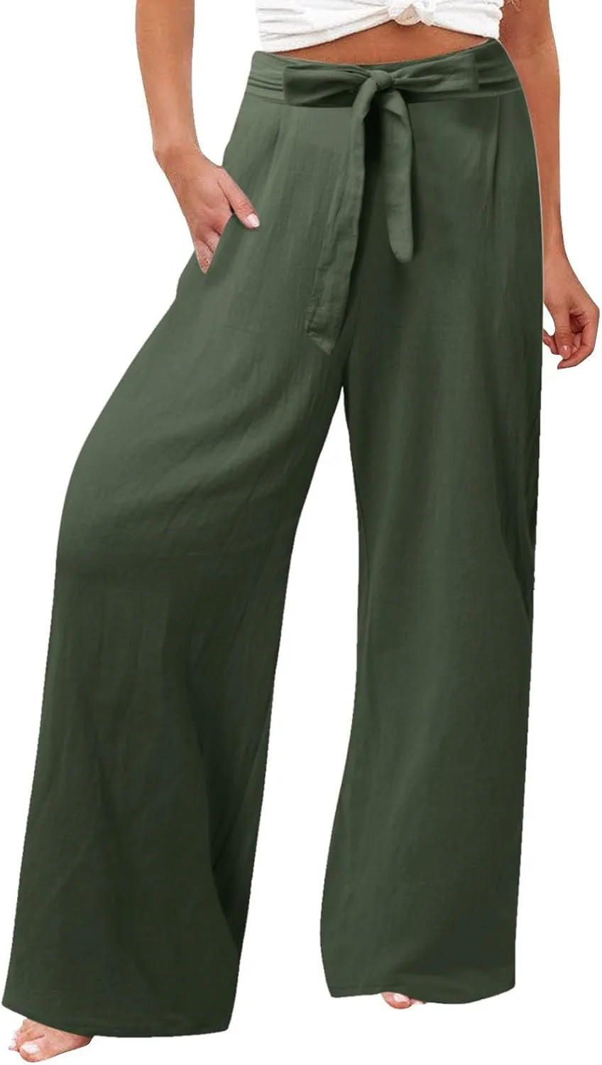 Women Linen Blend Summer Drawstring Pants Elastic Waist Bootcut Plus Size Pant Trousers Vacation