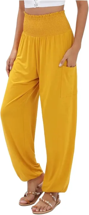 Women Linen Blend Summer Loose Flowy Palazzo Lounge Pants High Waist Bootcut Slim-Fit Trouser Work Business