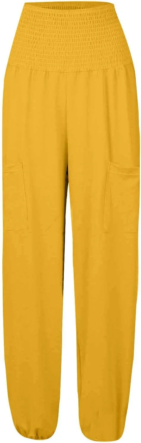 Women Linen Blend Summer Loose Flowy Palazzo Lounge Pants High Waist Bootcut Slim-Fit Trouser Work Business