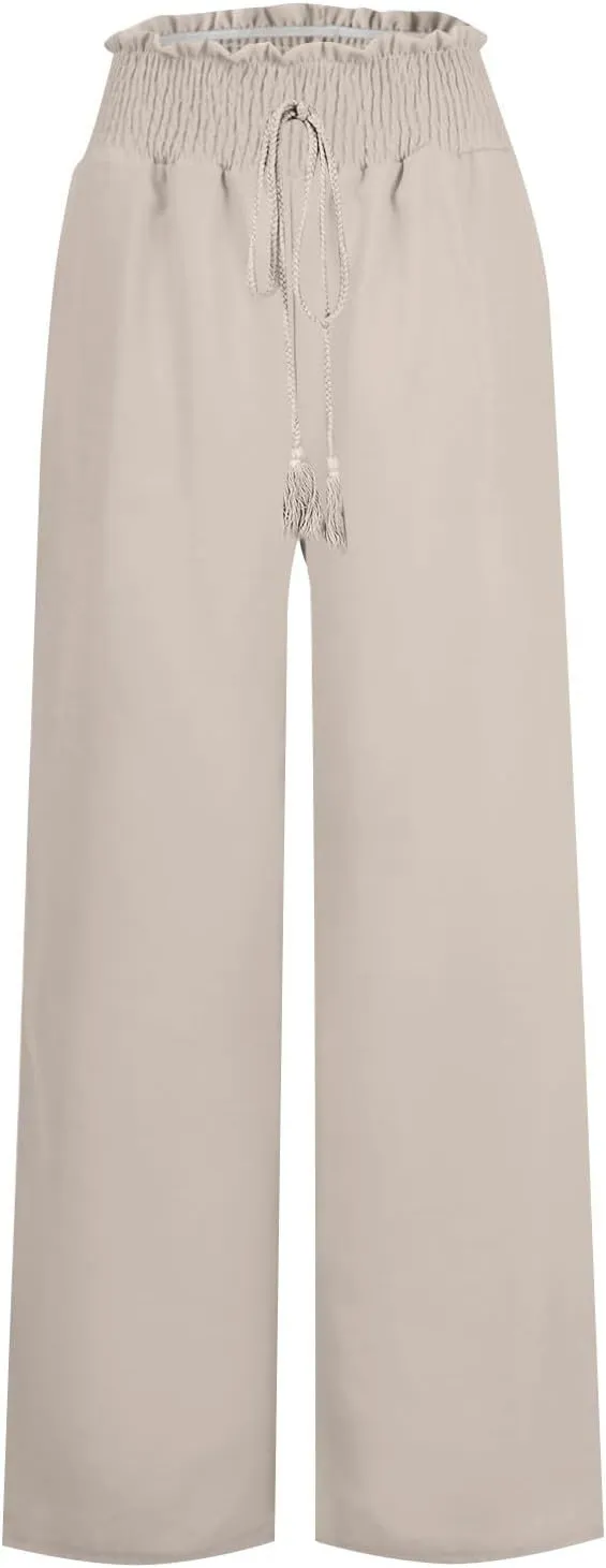 Women Linen Blend Summer Palazzo Pant Trousers Elastic Waist Ankle Length Slim-Fit Palazzo Pants Travel