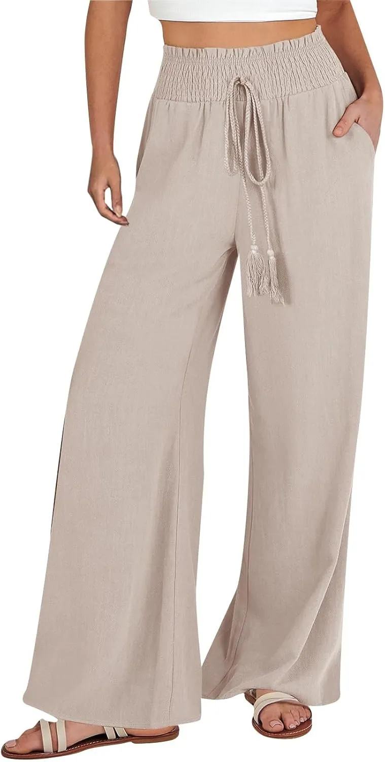 Women Linen Blend Summer Palazzo Pant Trousers Elastic Waist Ankle Length Slim-Fit Palazzo Pants Travel