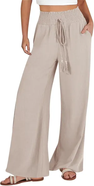 Women Linen Blend Summer Palazzo Pant Trousers Elastic Waist Ankle Length Slim-Fit Palazzo Pants Travel
